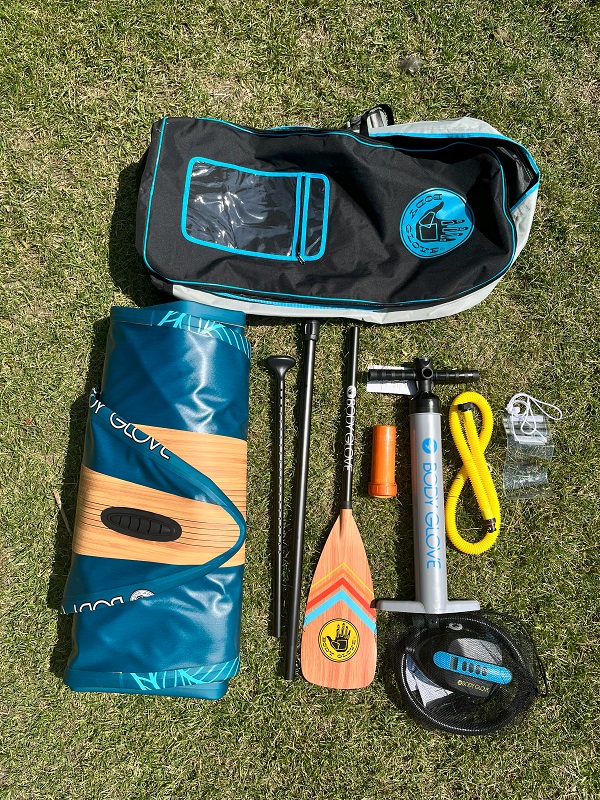Unpacked components of the BodyGlove Performer 11 Inflatable SUP package