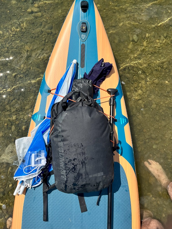Author's gear, loaded on the BodyGlove Performer 11 Inflatable paddle board