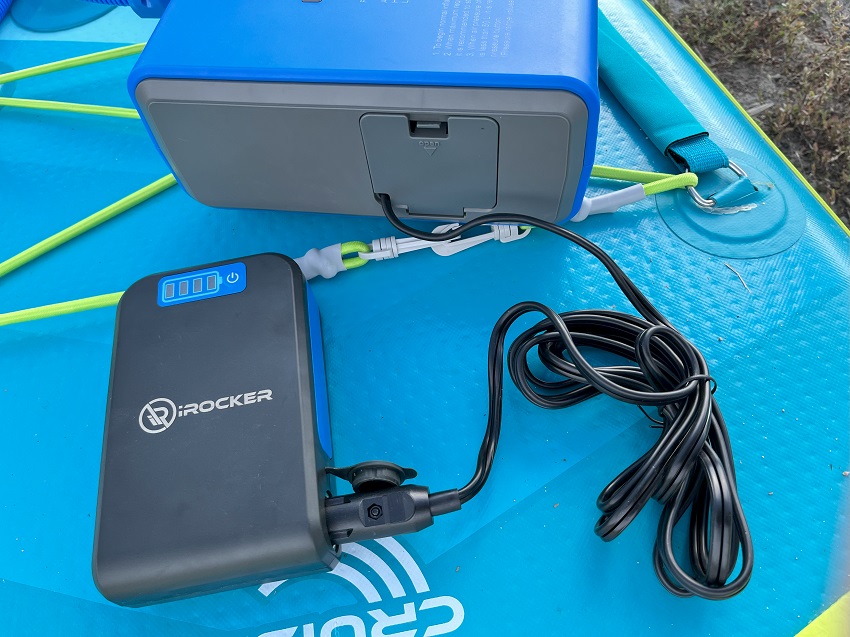 The iRocker Electric Pump is connected to the iRocker Portable Battery